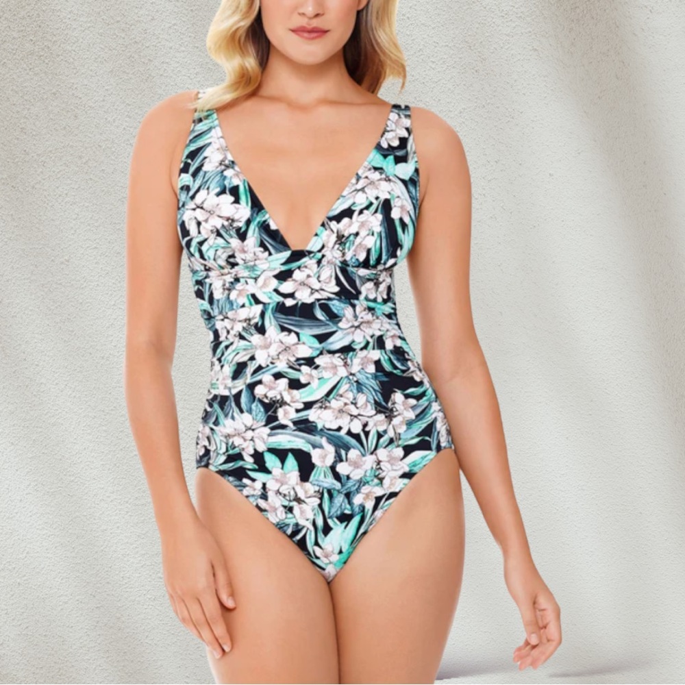 Swim Solutions Plunge Tummy Control One-Piece Swimsuit NWOT EUC